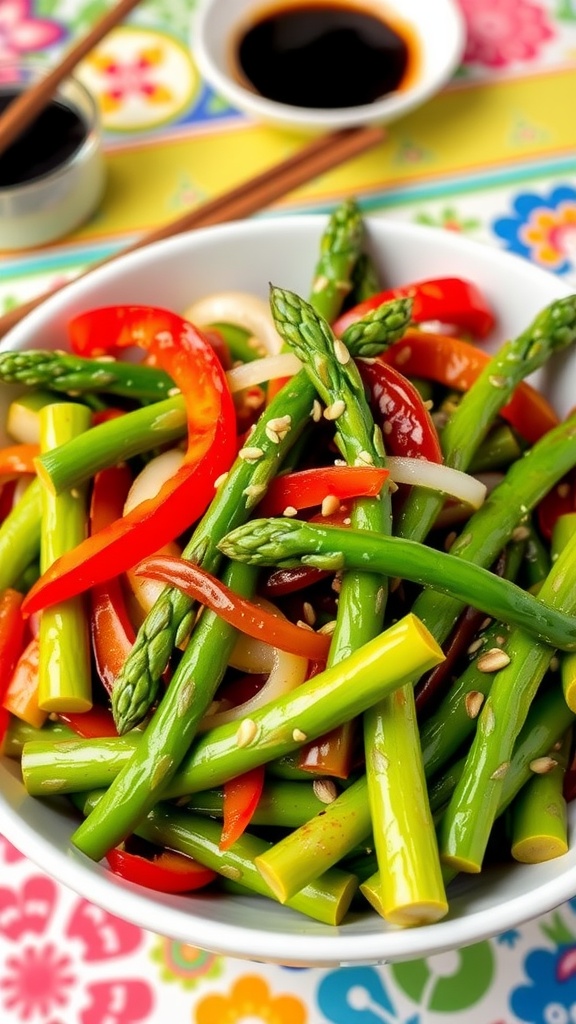 Vegan asparagus stir-fry with bell peppers and sesame seeds in a bowl with chopsticks.